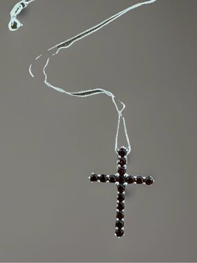 Garnet Necklace Round Stones Sterling Silver .925 Chain 20” Pendant 1 1/2 Long